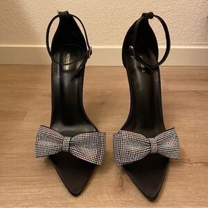 Pretty Little Thing Black Satin Rhinestone Bow Stilettos Size 9